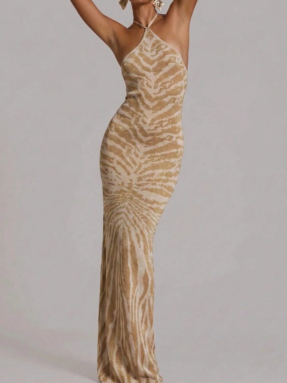 Brown Fitted Knit Halterneck Maxi Women's Dress